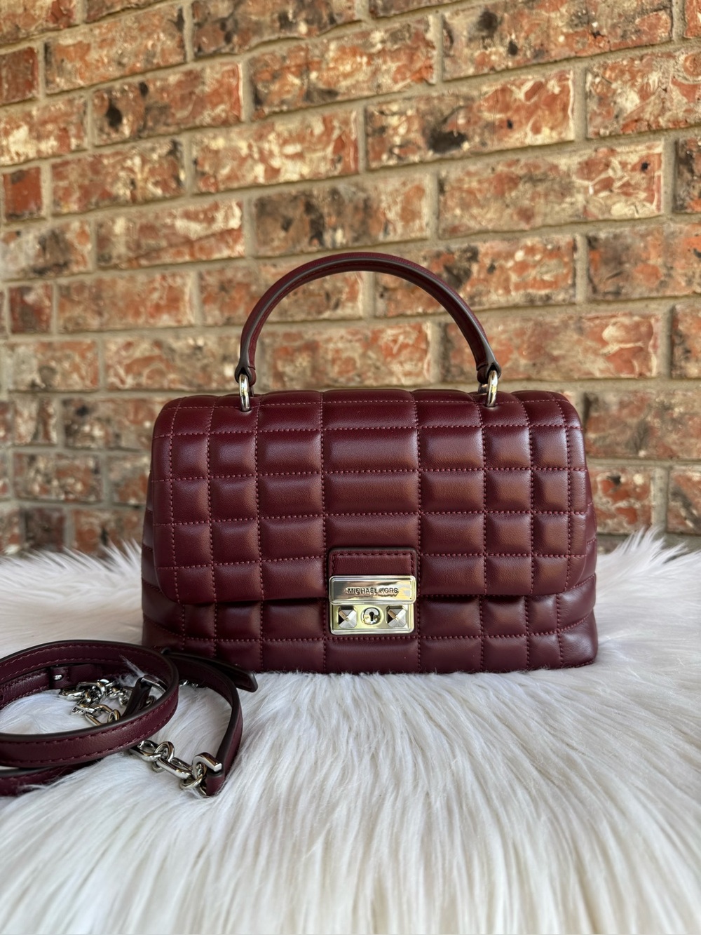 Michael Kors Quilted Burgundy Leather Satchel with Gold Hardware